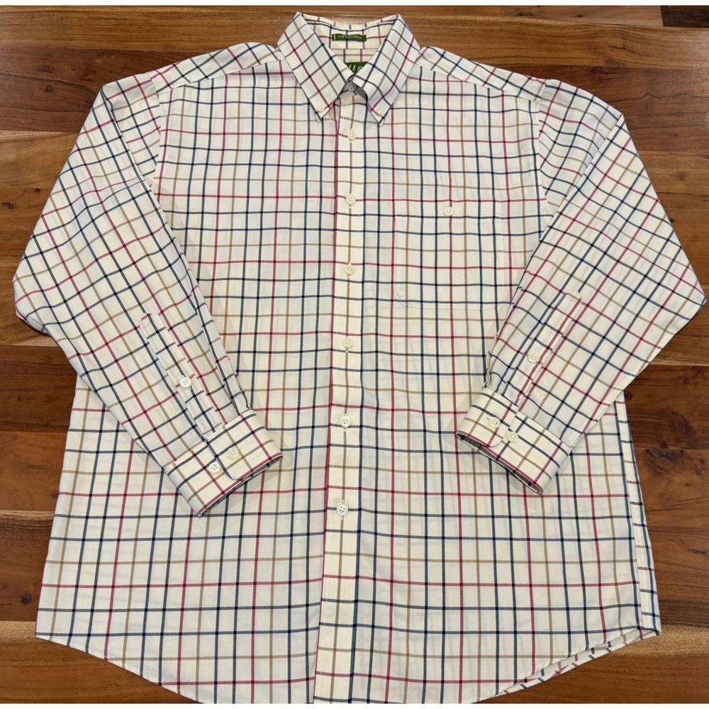 Orvis Mens Large Tattersall Plaid Button Down Shirt Cotton Long Sleeve Cream L